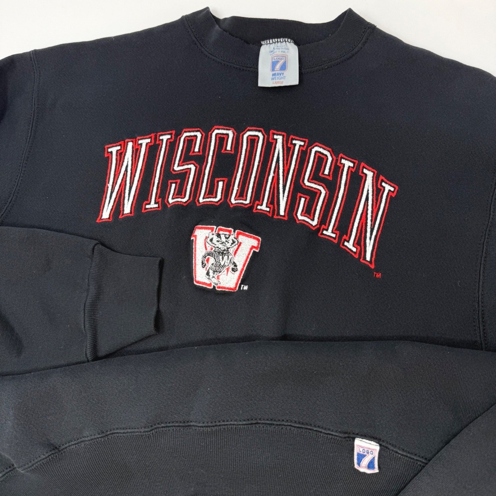 Vintage Logo 7 Wisconsin Badgers Mens Large Sweatshirt Heavyweight Embroidered
